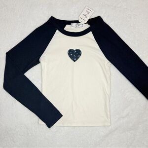 Hippie Rose Two-Tone White and Navy Heart Sweater Shirt - Size S